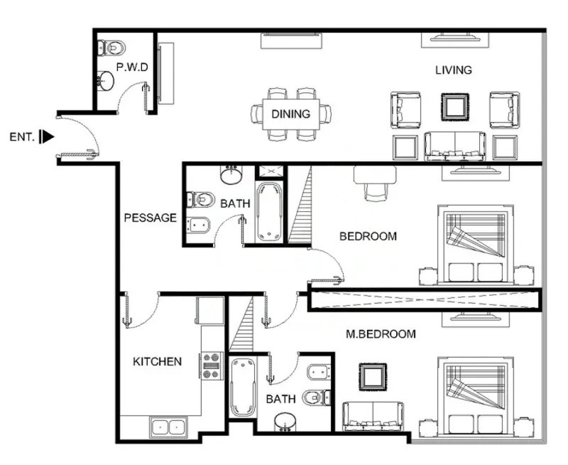 Detailed 2-bedroom apartment floor plan featuring a spacious living and dining area.