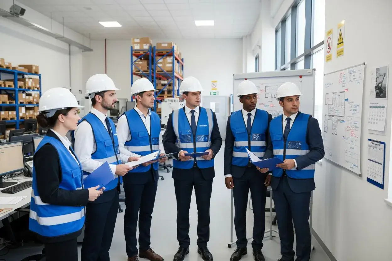 gruppo in riunione sulla sicurezza sul lavoro con gestione cartacea, senza software sicurezza sul lavoro