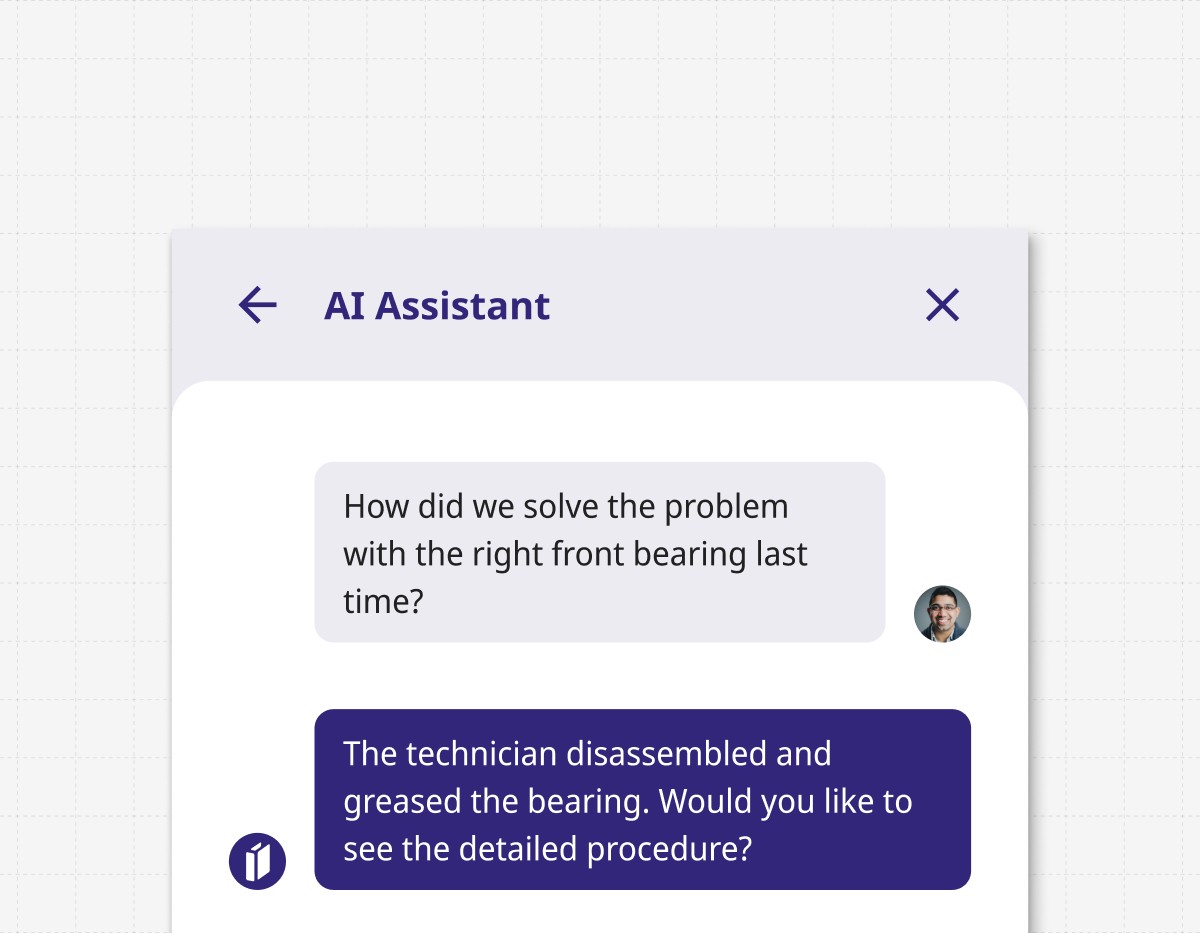 Diagnose maintenance problems faster using Binder AI chat, featuring guided instructions to streamline troubleshooting and minimize production interruptions.