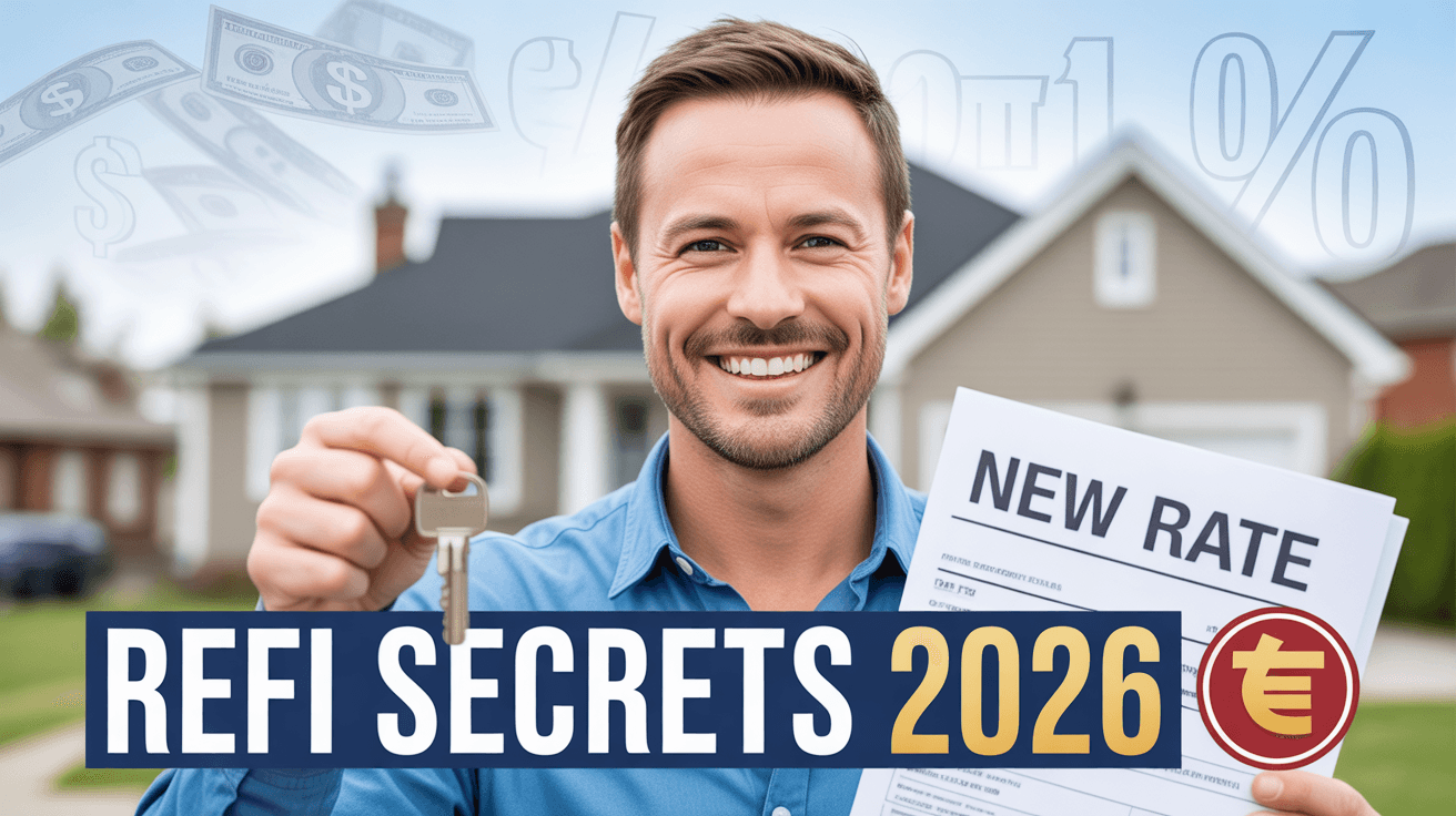 Canadian homeowner with key and NEW RATE mortgage papers before Ontario house and Refi Secrets 2026 text