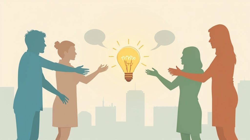 Four diverse individuals collaborate around a bright idea light bulb, symbolizing teamwork and innovation.