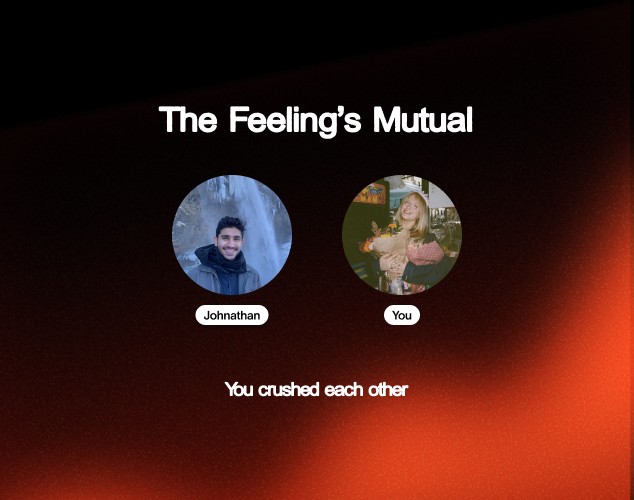Crush mutual match reveal UI showing two guests matched after an event.