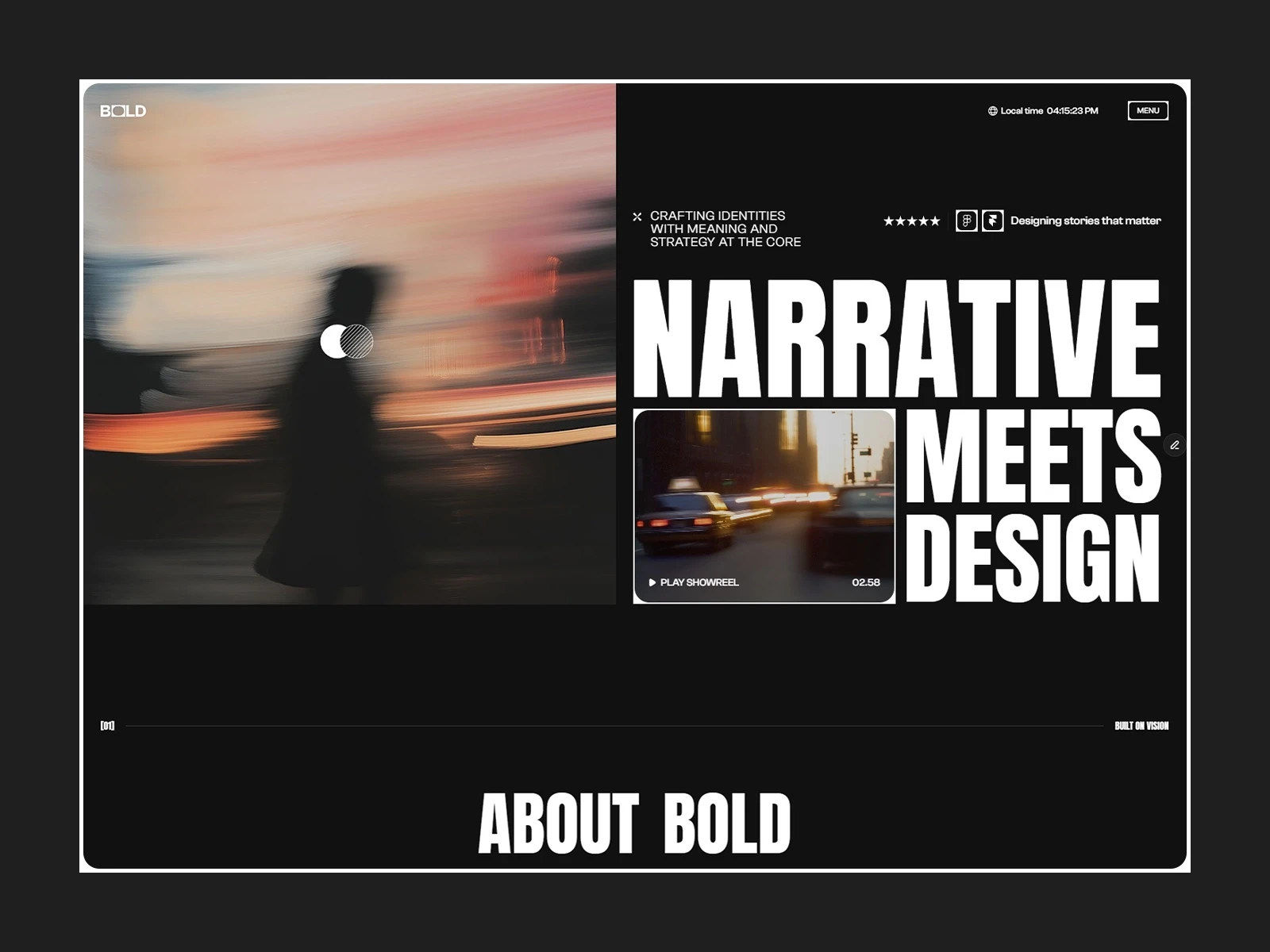 Bold Studio creative agency Framer template with cinematic hero section, showreel video, and bold narrative-driven typography