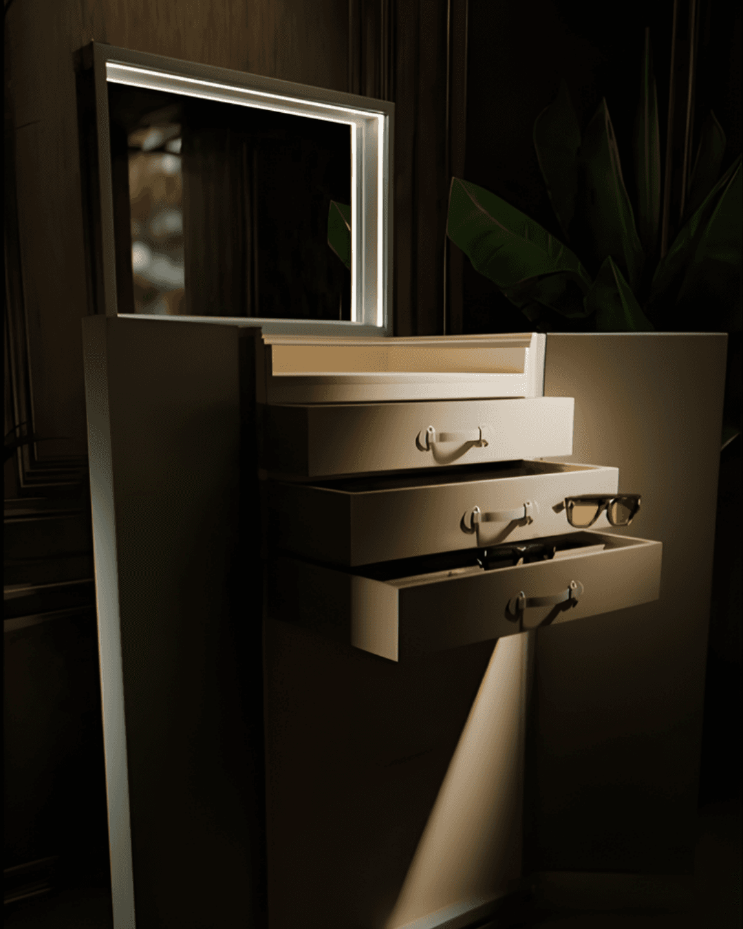 A high-end 3D render of a cream cabinet with a lighted mirror and open drawers for sunglasses