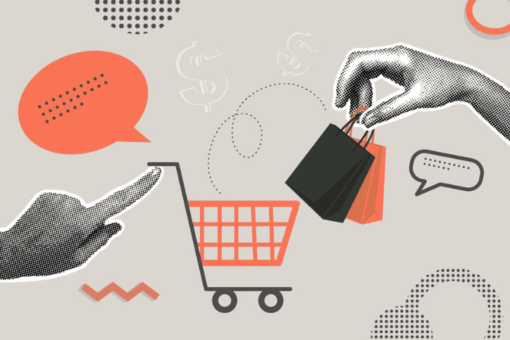 Trendy halftone collage of business concept in retro style. Shopping cart and hands with shopping.Vector illustration of sales, increase sales,financial profit, global strategy. Creative concept for web banner,social media banner,marketing material. Vector illustration