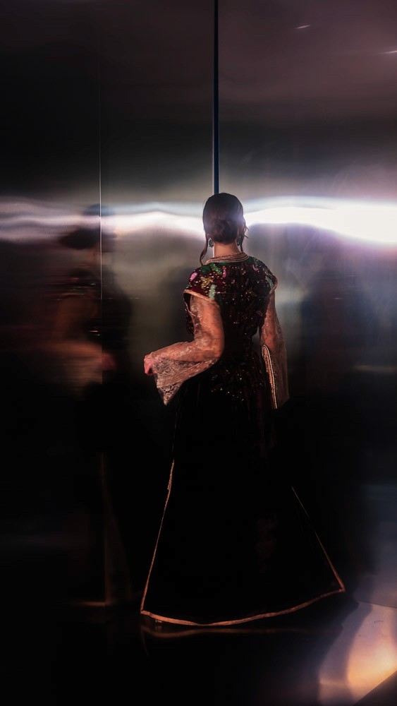 Umber Velour Moroccan caftan with intricate handmade detailing, luxury evening couture piece for Bahrain