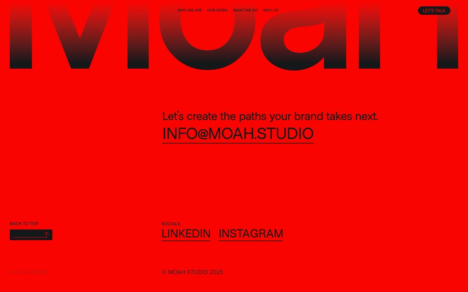 Red background with large, faded "MOAH" text. Center text reads, "Let's create the paths your brand takes next. INFO@MOAH.STUDIO". Links:...