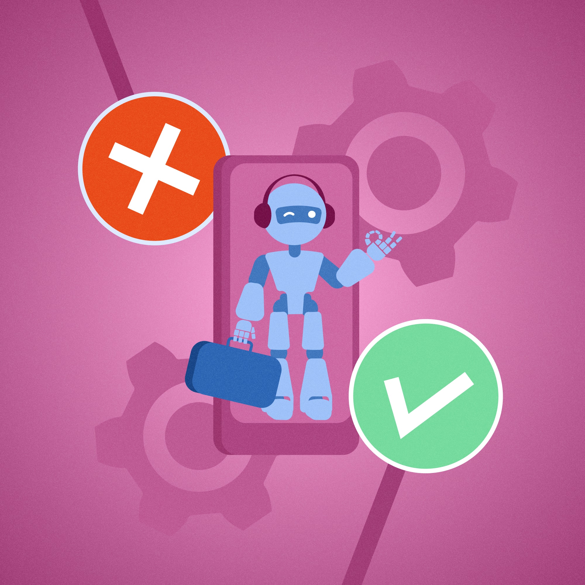 Rajzolt robot ül egy okostelefon képernyőjén kereszt és pipa ikonok között, rózsaszín háttérrel és fogaskerék-sziluettekkel, a digitális döntéshozatalt és automatizálást jelképezve.