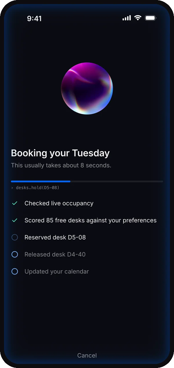Booking your Tuesday: each step checked off as Sync works, with a Cancel button