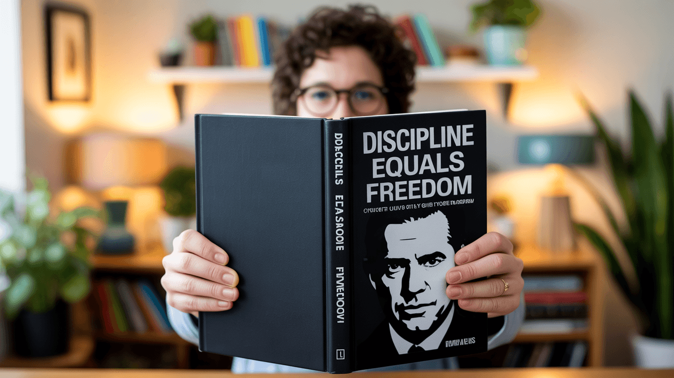 Ali Abdaal-style discipline guide thumbnail with book cover held toward camera as focal point