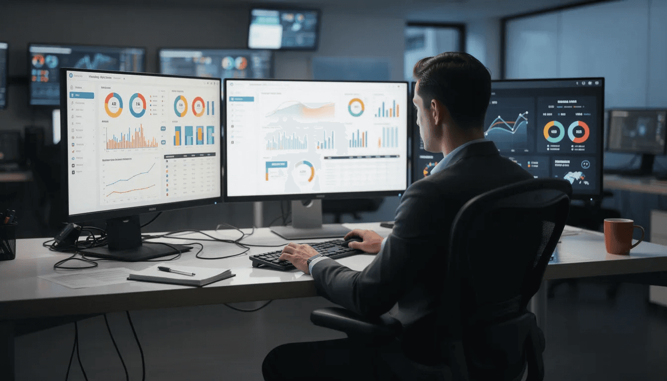 The image depicts a person seated at a desk, surrounded by multiple computer monitors displaying various dashboards and data analytics, indicative of an eCommerce platform's backend operations. This setup suggests a focus on advanced automation tools and workflow automation, essential for managing complex operations and driving business growth in a competitive online store environment.