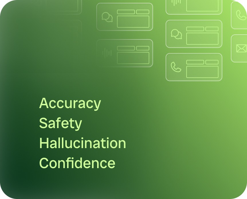 Dashboard-style graphic showing three checked quality metrics — Hallucination, Safety, and Confidence — alongside a large circular score displaying ‘5.0’. Below, a black button labeled ‘Daily Quality Audits’ with an audit icon sits on a green-to-peach gradient background.