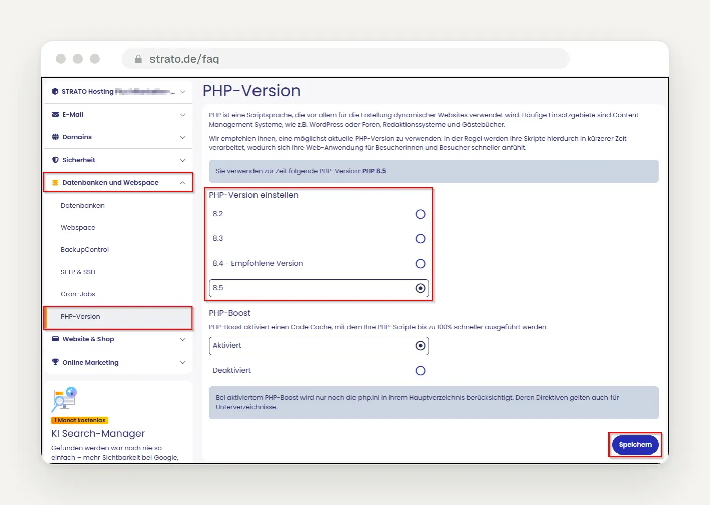 STRATO, Databases and Web Space › PHP Version: Select 8.2 through 8.5 and click the “Save” button