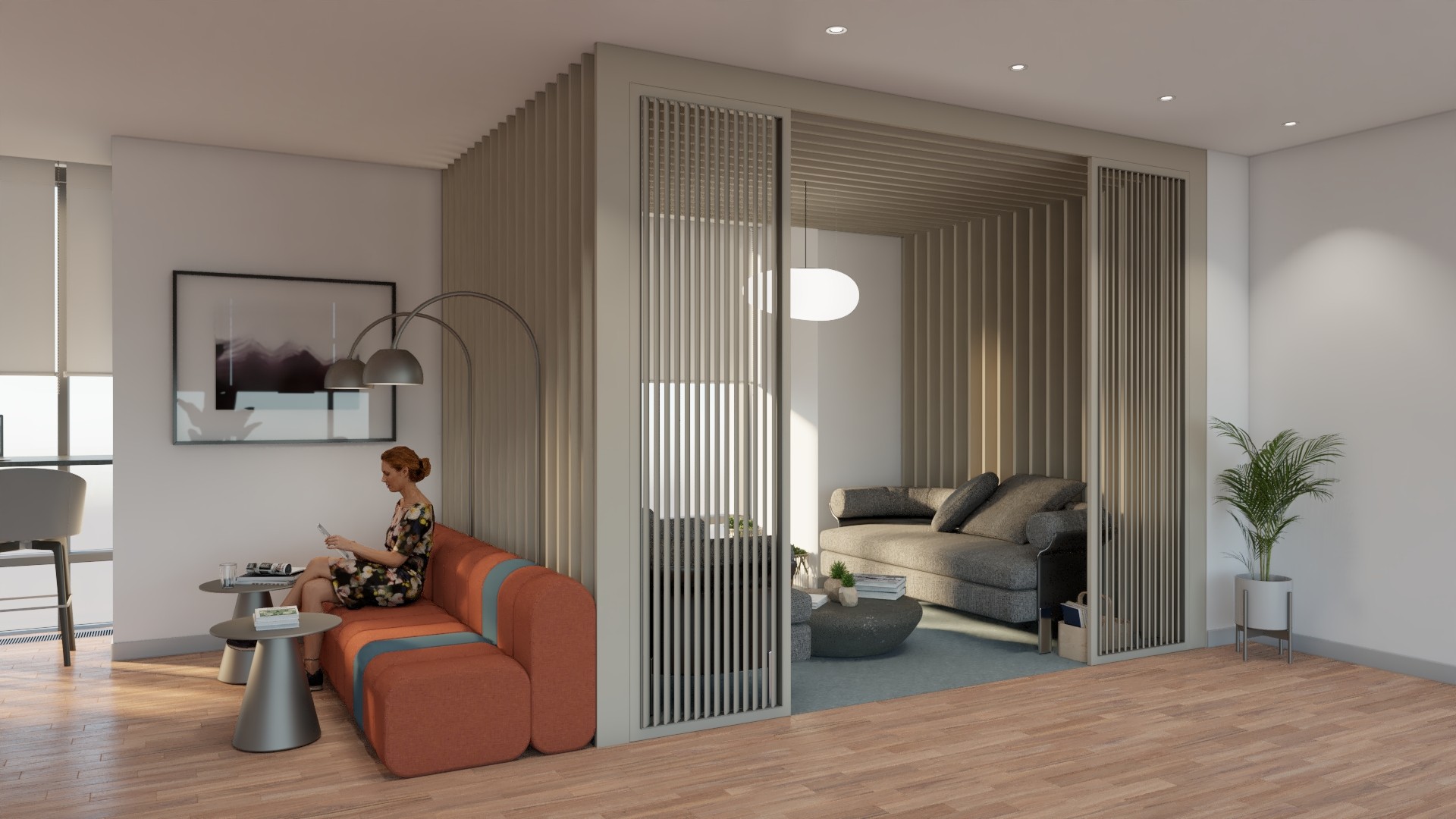 Contemporary office lounge area featuring a cozy waiting zone with modern furniture, wooden flooring, and a semi-private meeting nook divided by vertical wooden slats, designed with warm tones and soft lighting.