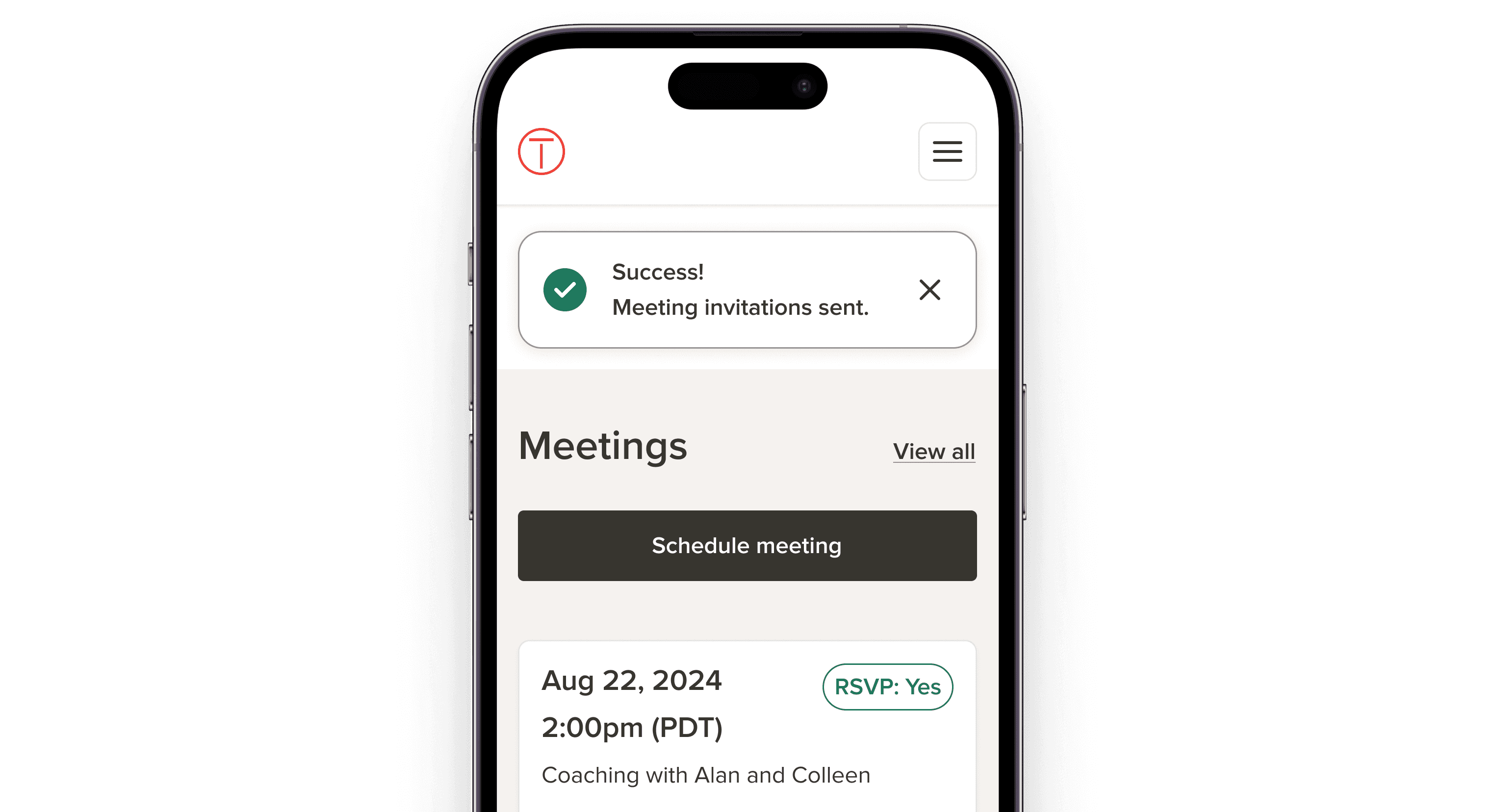 Mobile screen showing meeting interface from Torch redesign.