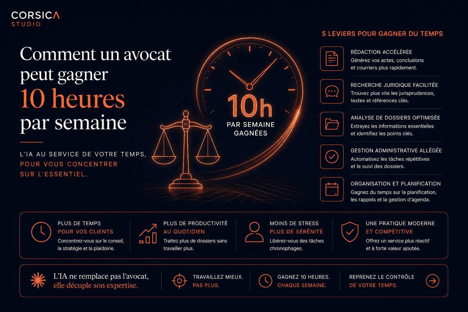 Comment un avocat peut gagner 10 heures par semaine grâce à l’IA, illustration premium Corsica Studio sur automatisation juridique, productivité, gestion des dossiers et optimisation du temps en cabinet d’avocat.