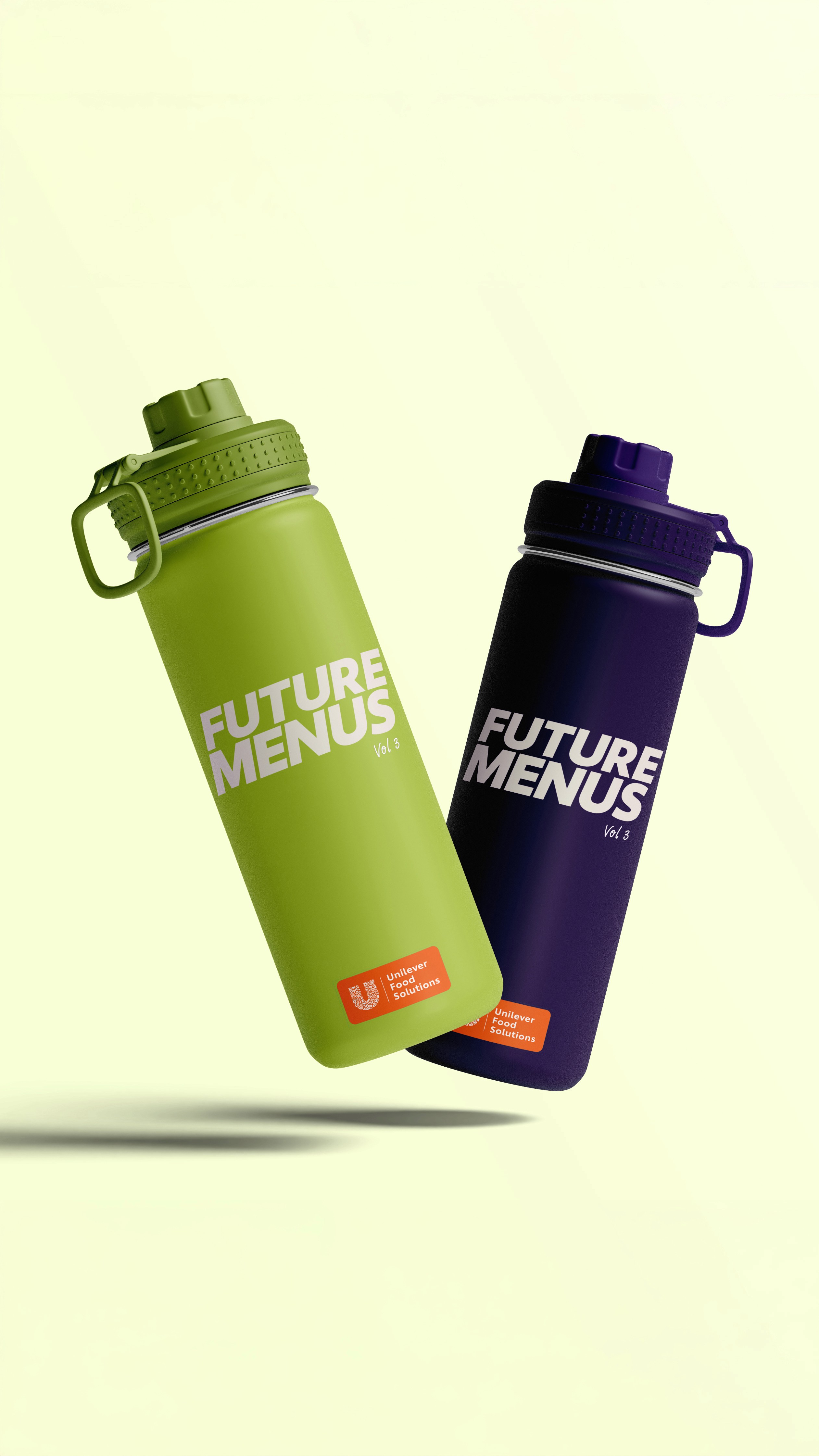 Branded “Future Menus Vol 3” reusable water bottles for Unilever Food Solutions, created by Omne Agency