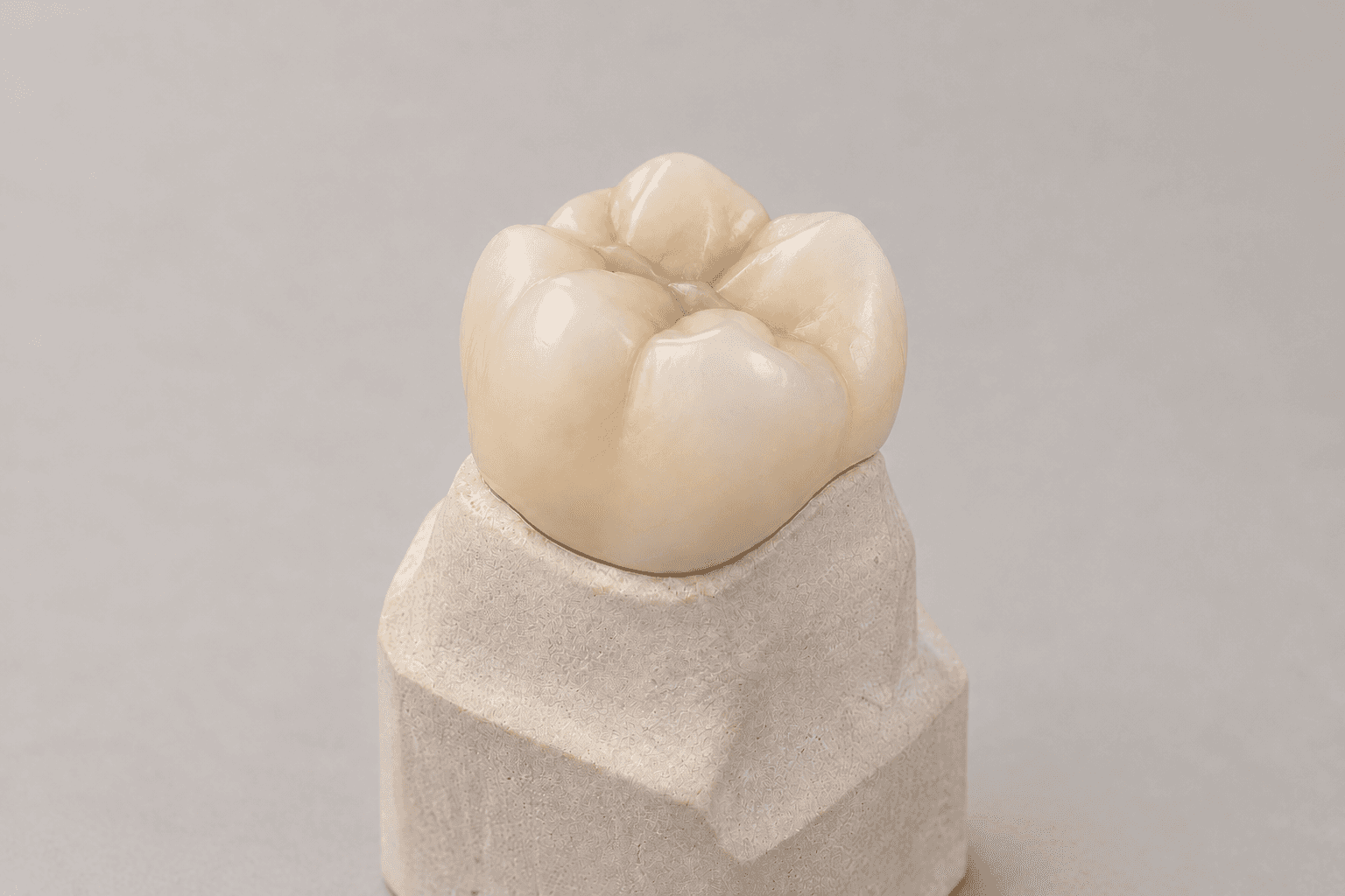 Concepto editorial: corona molar sobre un troquel, representación de zirconia.