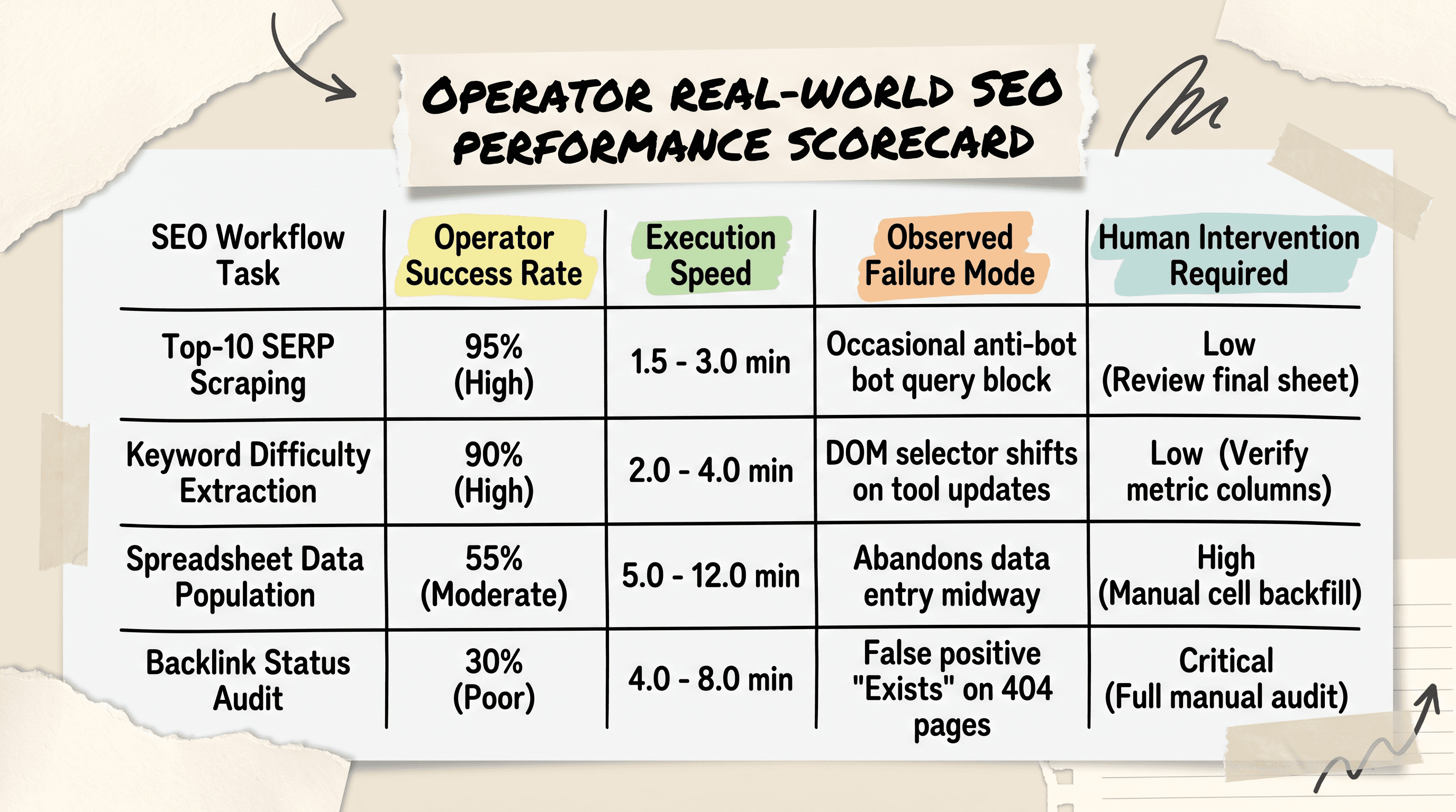 Empirical SEO testing scorecard evaluating ChatGPT Operator performance across SERP tracking keyword extraction and backlink auditing