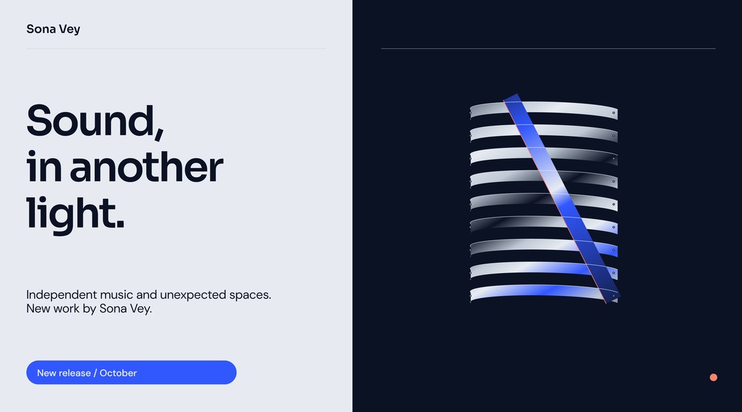 The actual exported artist hero layout: Sound, in another light, silver editorial text area and a cobalt-and-silver louver vault against ink.