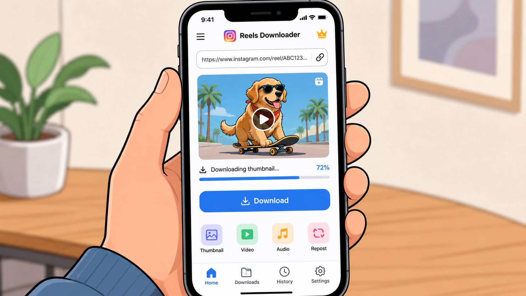 A hand holding a smartphone displaying an Instagram Reels Downloader app interface showing a golden retriever skateboarding.