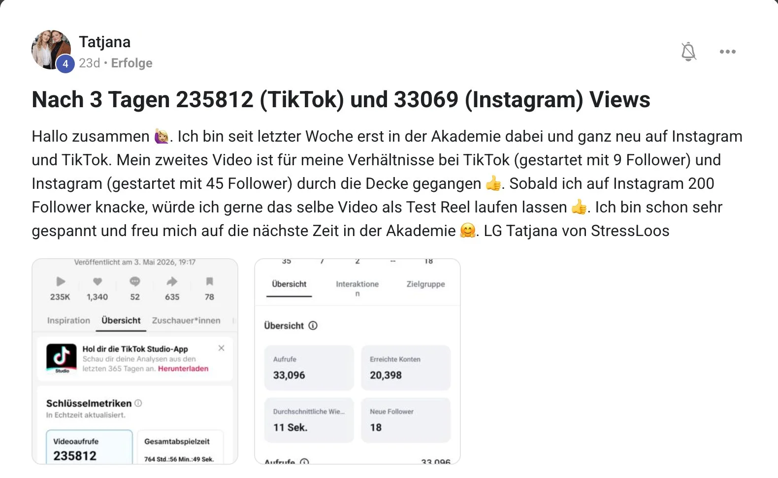 Kundenstimme KI Creator Akademie: Tatjana erzielt nach 3 Tagen über 235.000 TikTok-Views