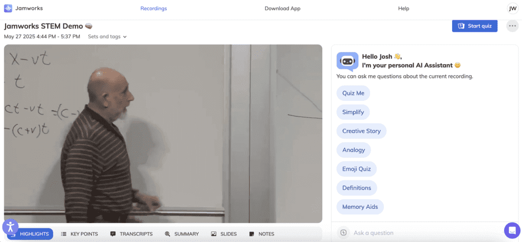 A screenshot of the Jamworks note taking and learning platform. It shows a lecturer writing on a white board and a number of Personal Tutor learning modes.