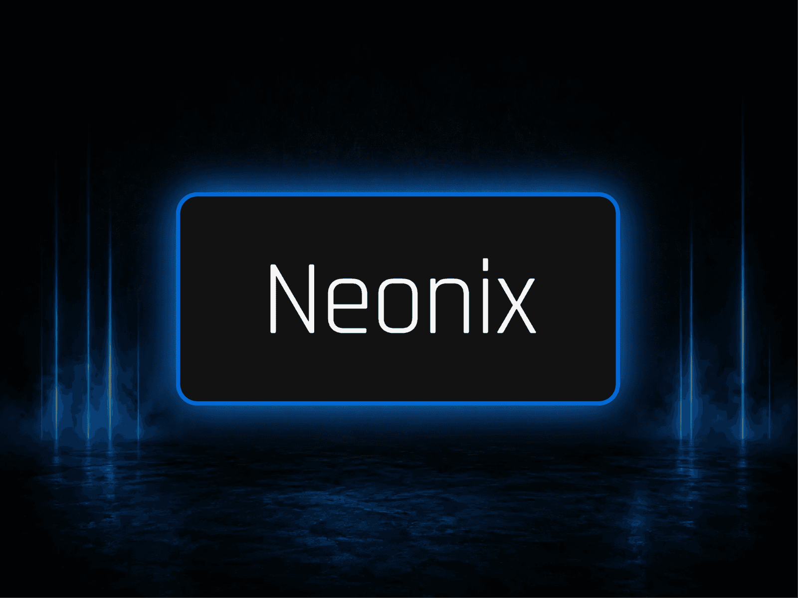 Neon-style button on a dark futuristic background with glowing blue border, light beams, and reflective floor.