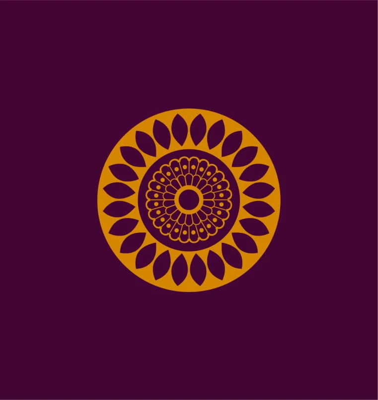 Golden circular mandala with concentric rings of purple and gold petals and delicate dots, centered on a deep plum background; ornate and calm.