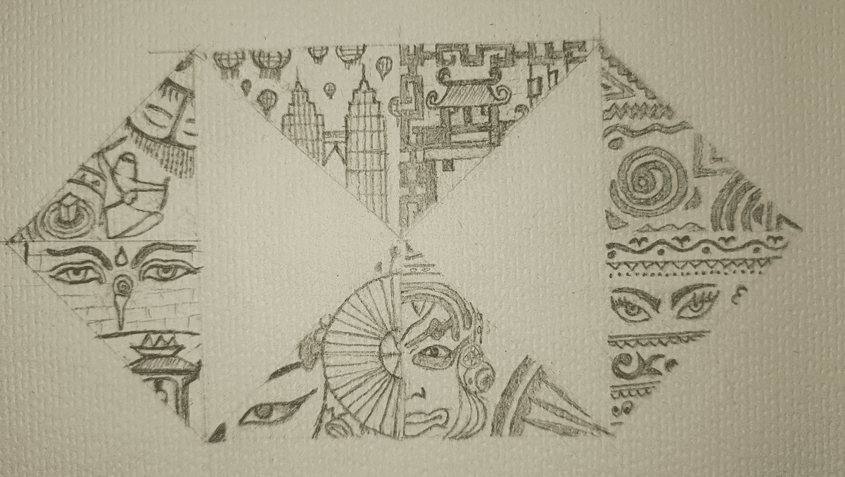 Pencil sketch of the hexagon mark divided into illustrated segments.
