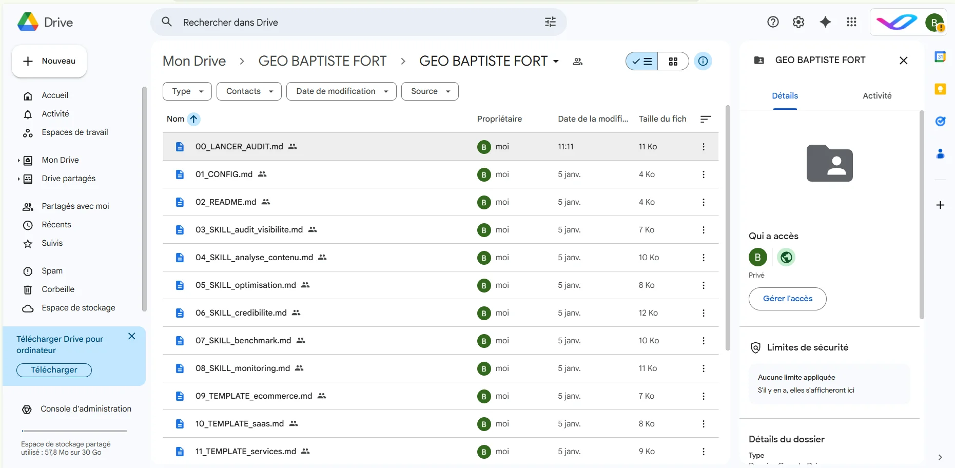Structure du dossier GEO Skills avec fichiers d’audit, templates et prompts