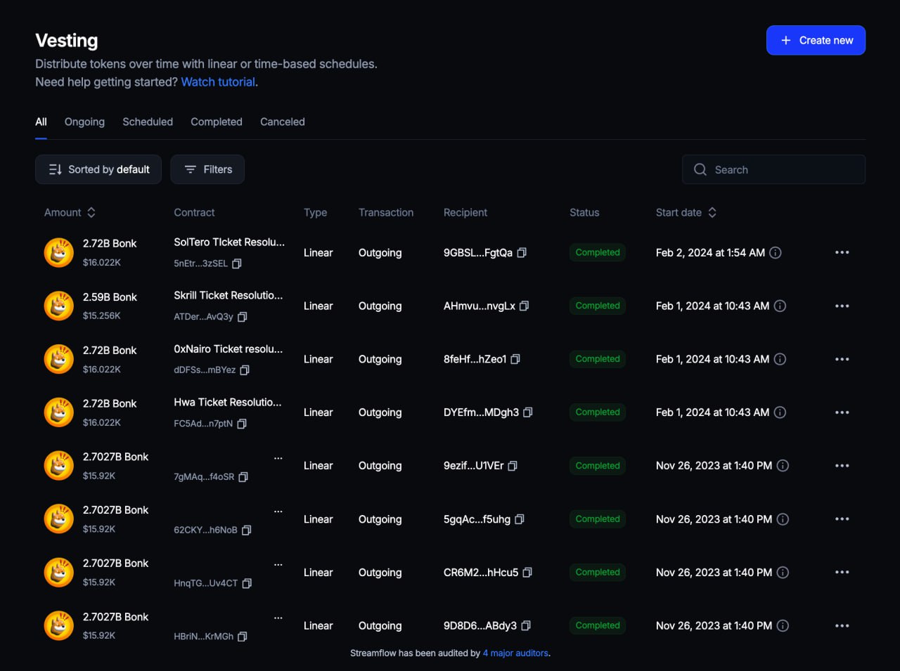 Token vesting on Solana via Streamflow