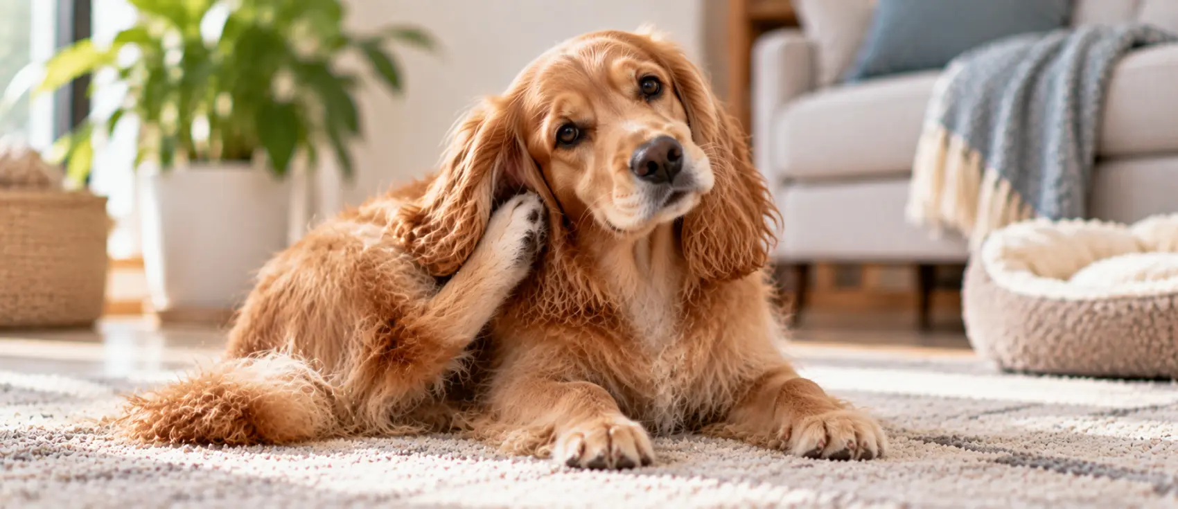 Golden cocker spaniel scratching its ear while lying on a rug.