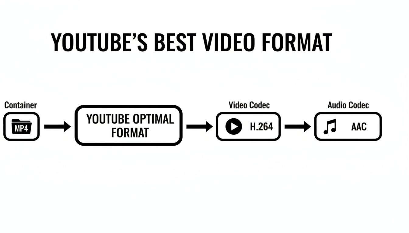 Flowchart illustrating YouTube's best video format, specifying MP4 container, H.264 video codec, and AAC audio codec.