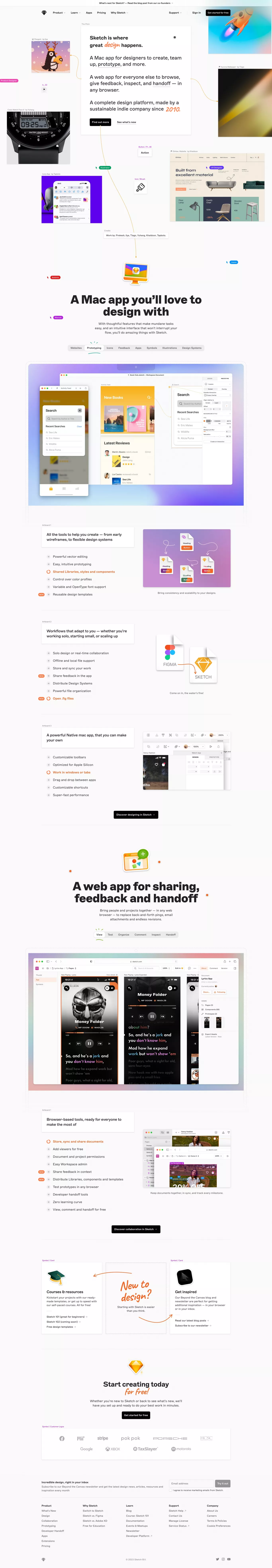Sketch · Design, collaborate, prototype landing page screenshot showcasing Design and Tech design