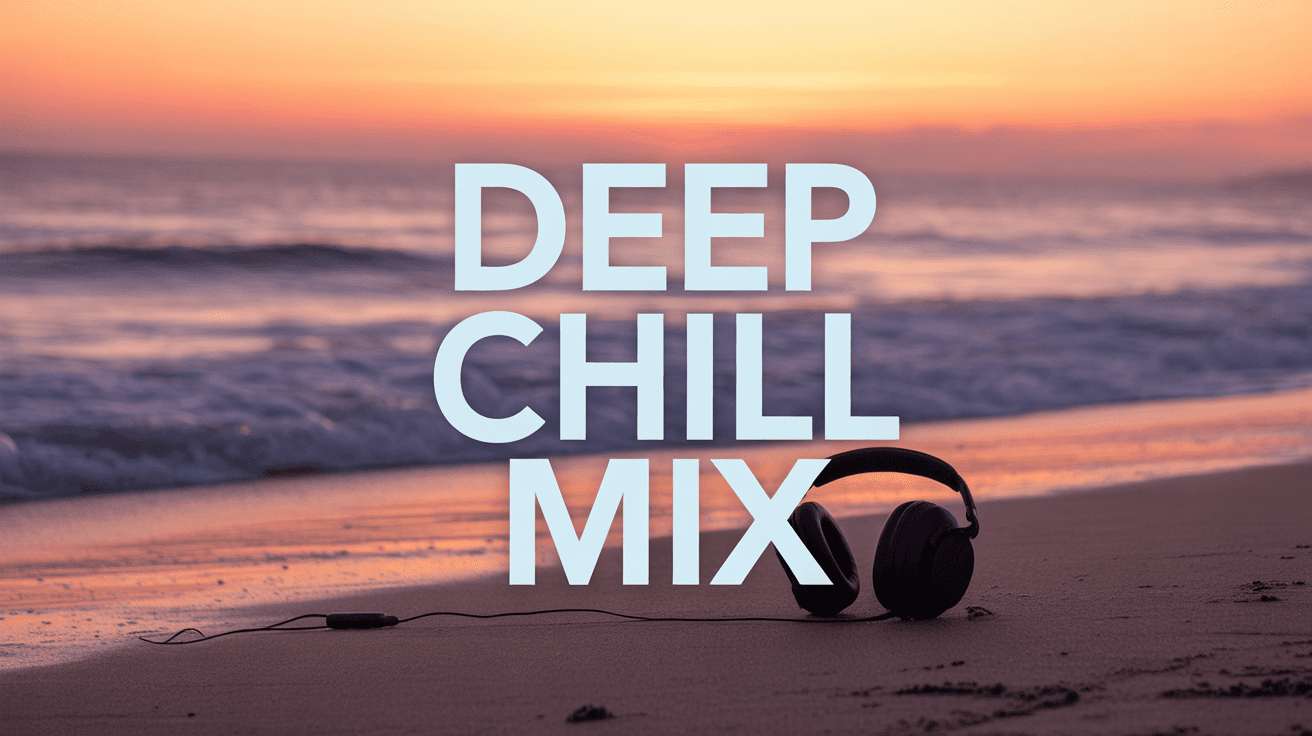 Headphones on beach at sunset with orange purple sky and Deep Chill Mix text by waves