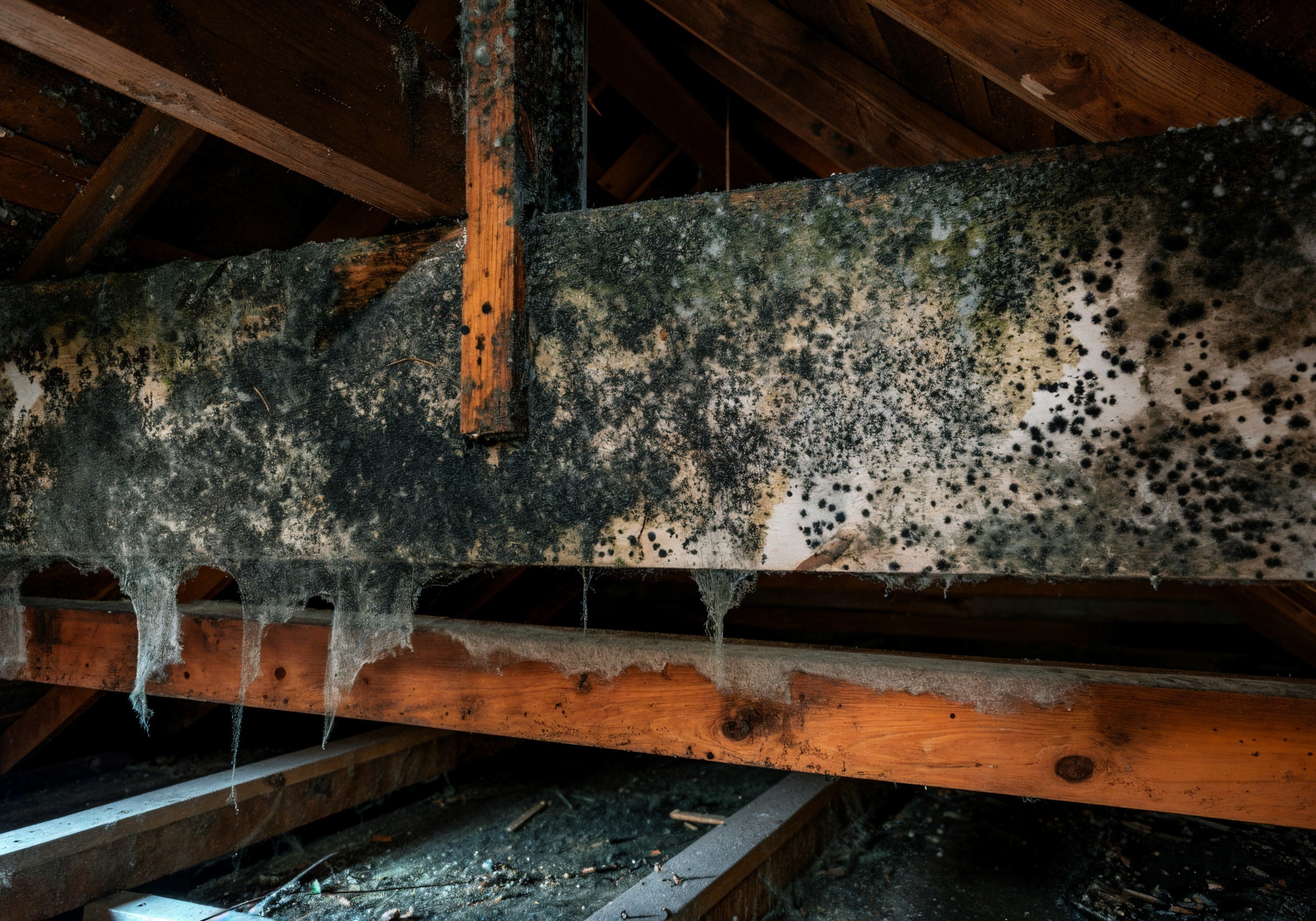 Severe black mold growth on wooden beams in a residential attic, highlighting the need for professional mold mitigation services in St. Louis homes.