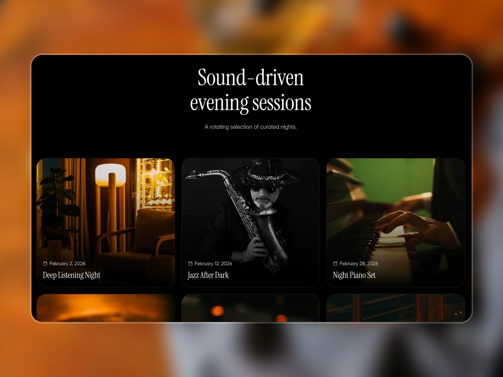Homepage section highlighting weekday bar events with a dark layout and featured sessions such as jazz night and live piano set.