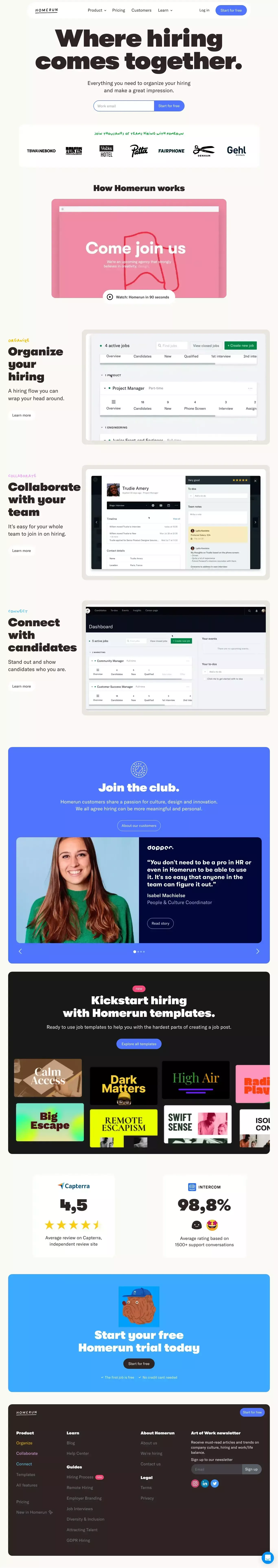 Homerun: where hiring comes together landing page screenshot showcasing HR and Tech design
