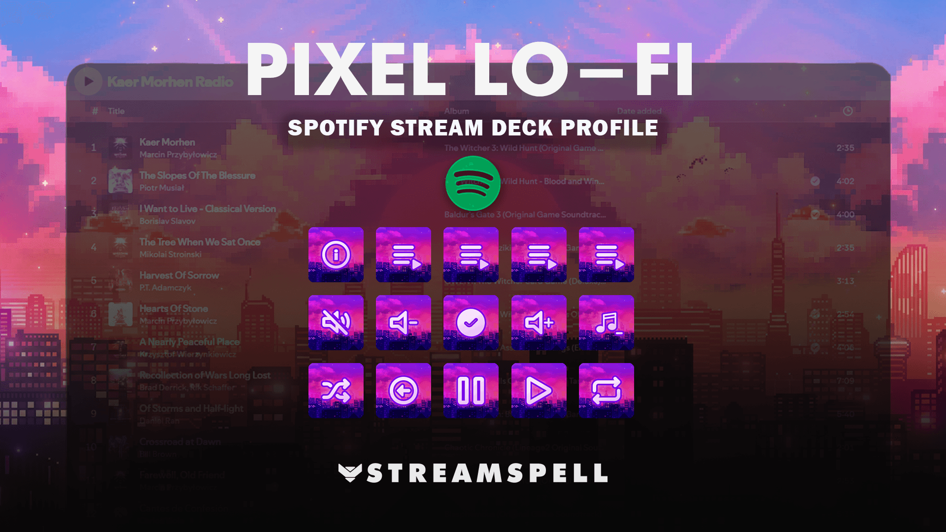 Pixel Lo-fi Spotify Stream Deck Profile cover with neon pixel-art Spotify controls