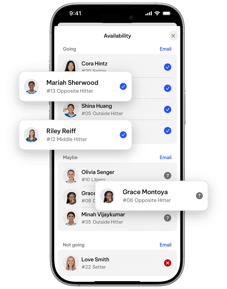 TeamLinkt player availability feature on mobile showing volleyball players confirming game availability