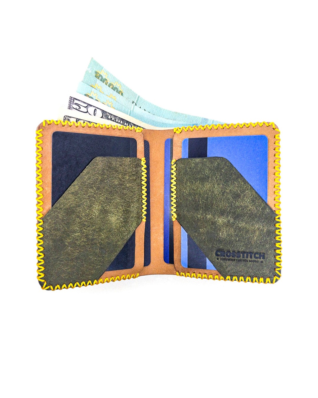 Crosstitch Leather bifold wallet in brown and green leather featuring yellow stitching, card slots, and cash compartment.