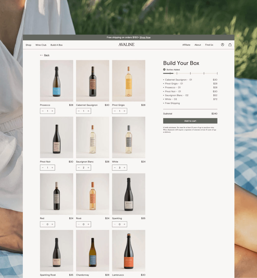 Avaline Shopify collection page displaying wine products and bottle selection