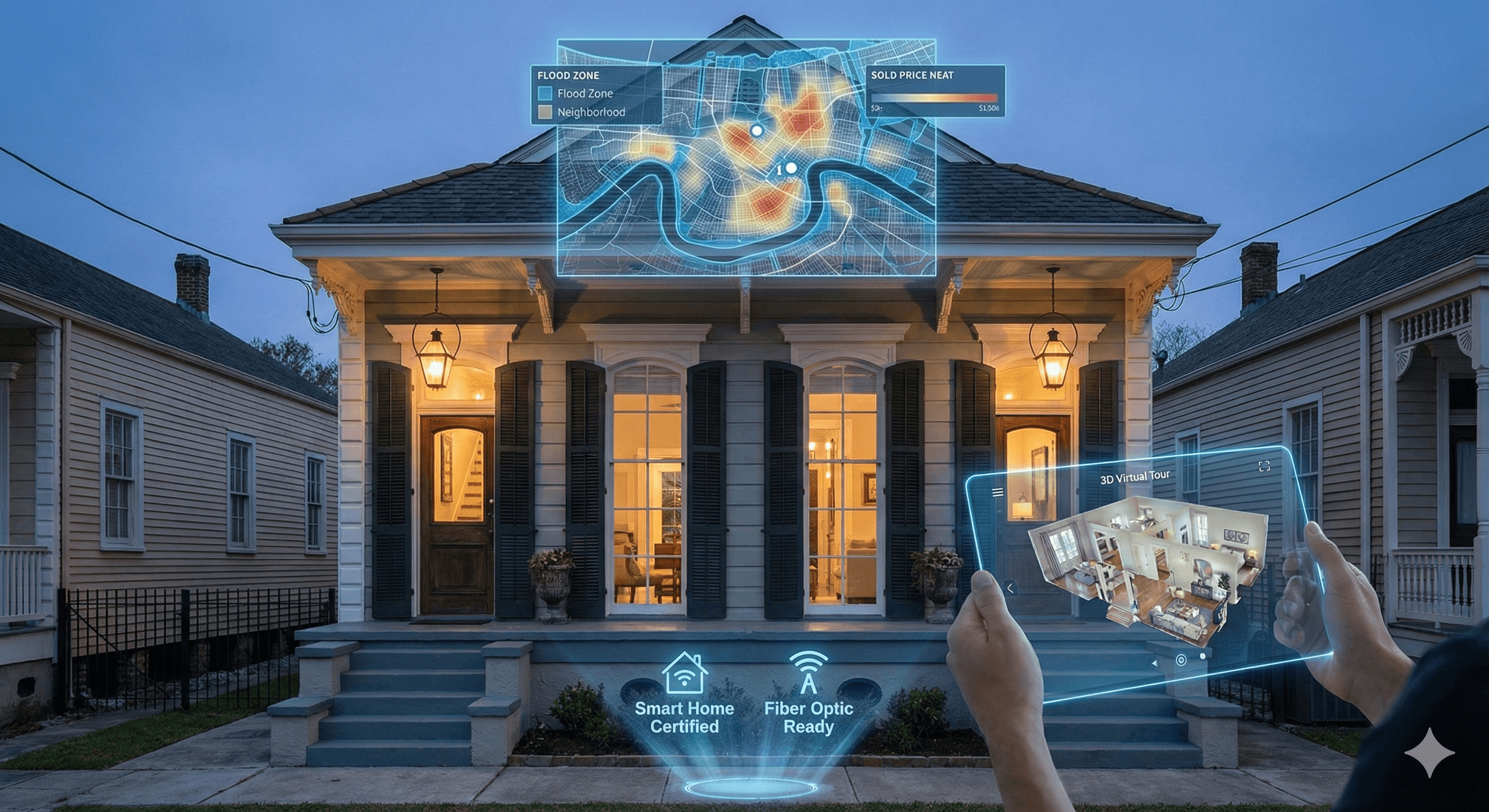 Beautiful New Orleans home with glowing blue technology overlays to indicate high tech
