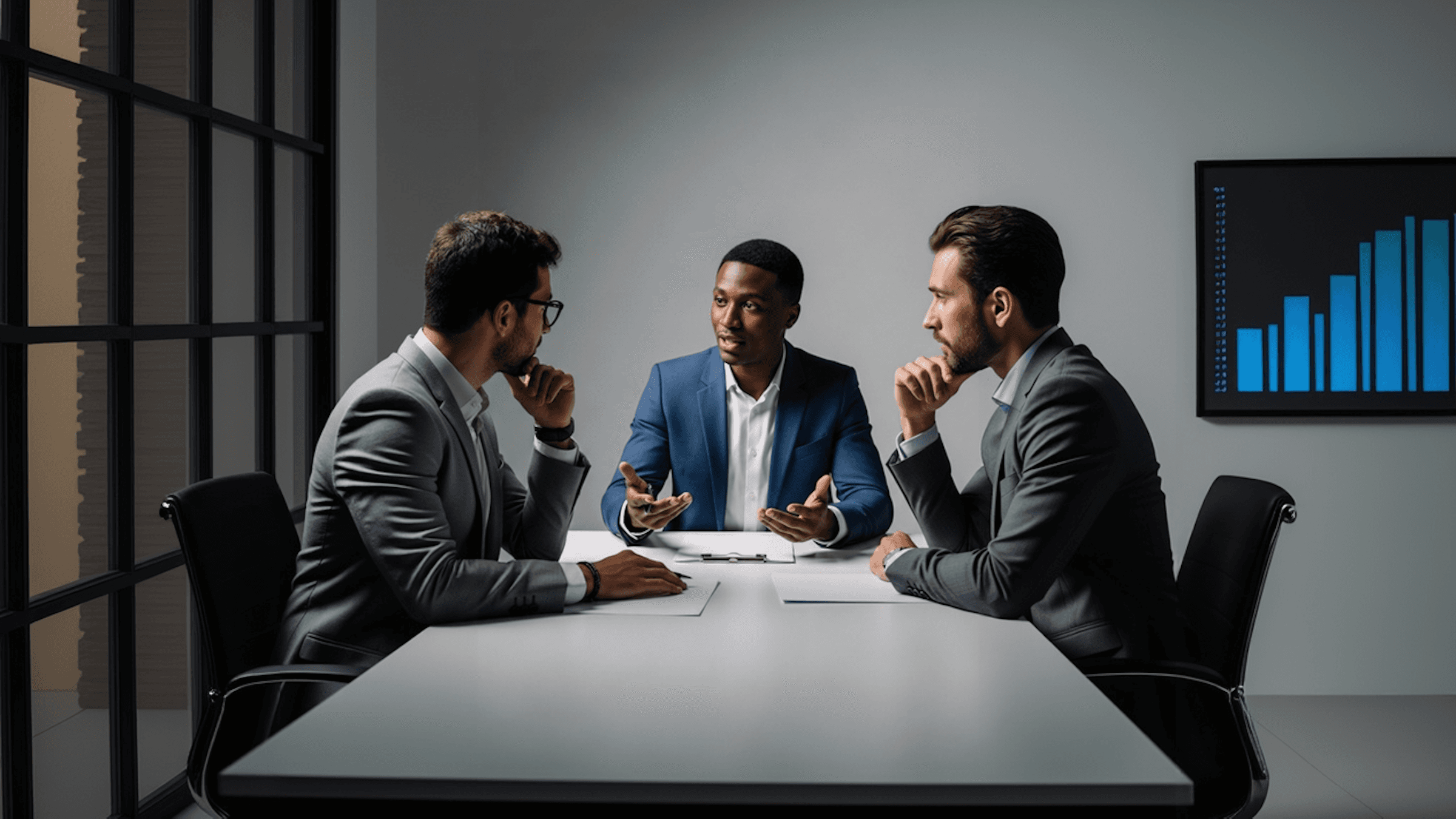 A team of professionals collaborates around a table, discussing documents in a focused and dynamic setting.