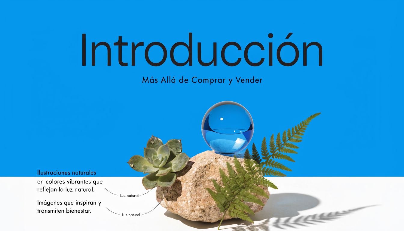 Una esfera de cristal sobre una roca junto a una planta suculenta y un helecho en fondo azul.