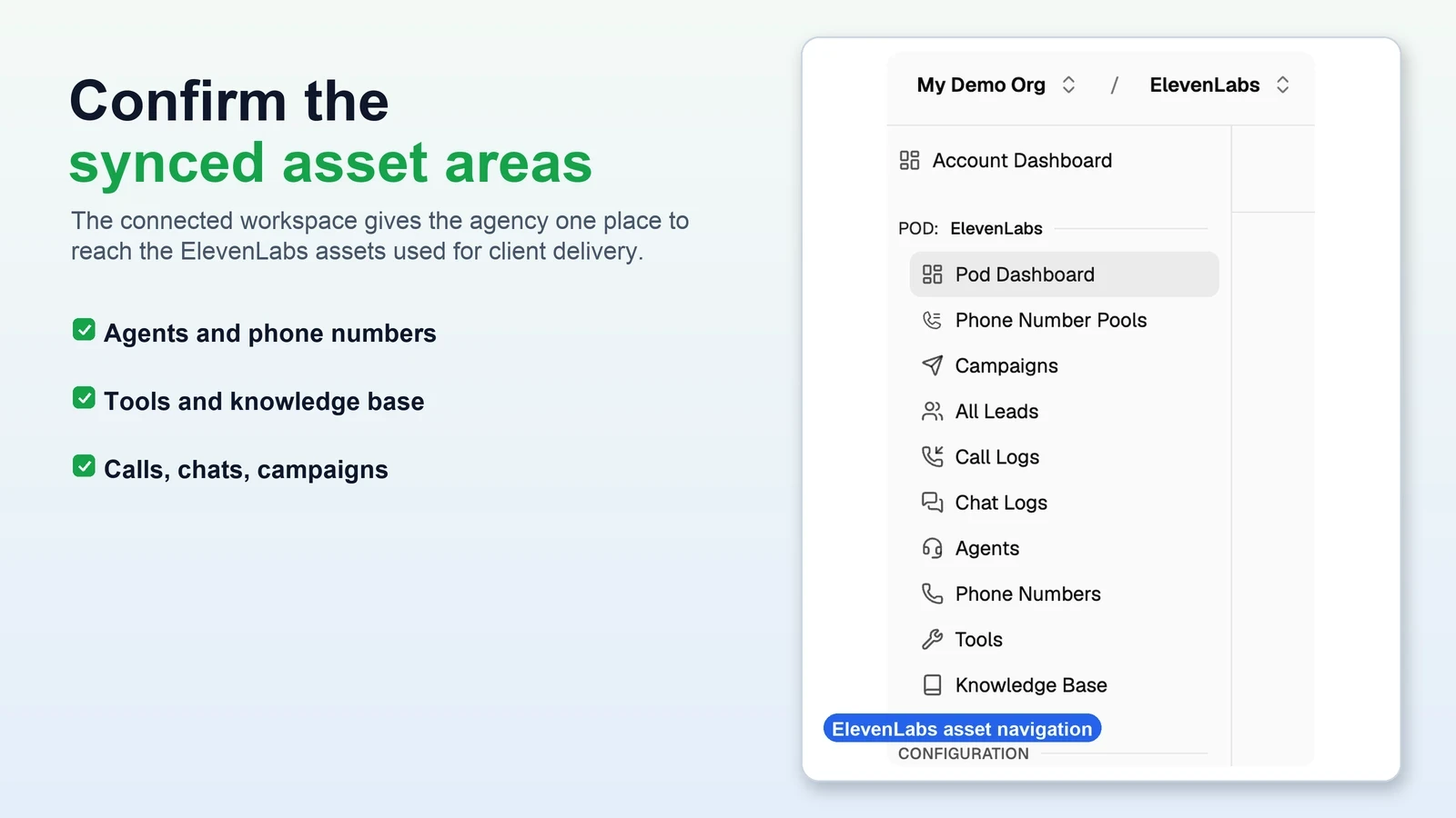 VoiceAIWrapper ElevenLabs menu with agents, phone numbers, tools, knowledge base, campaigns, and call and chat logs.