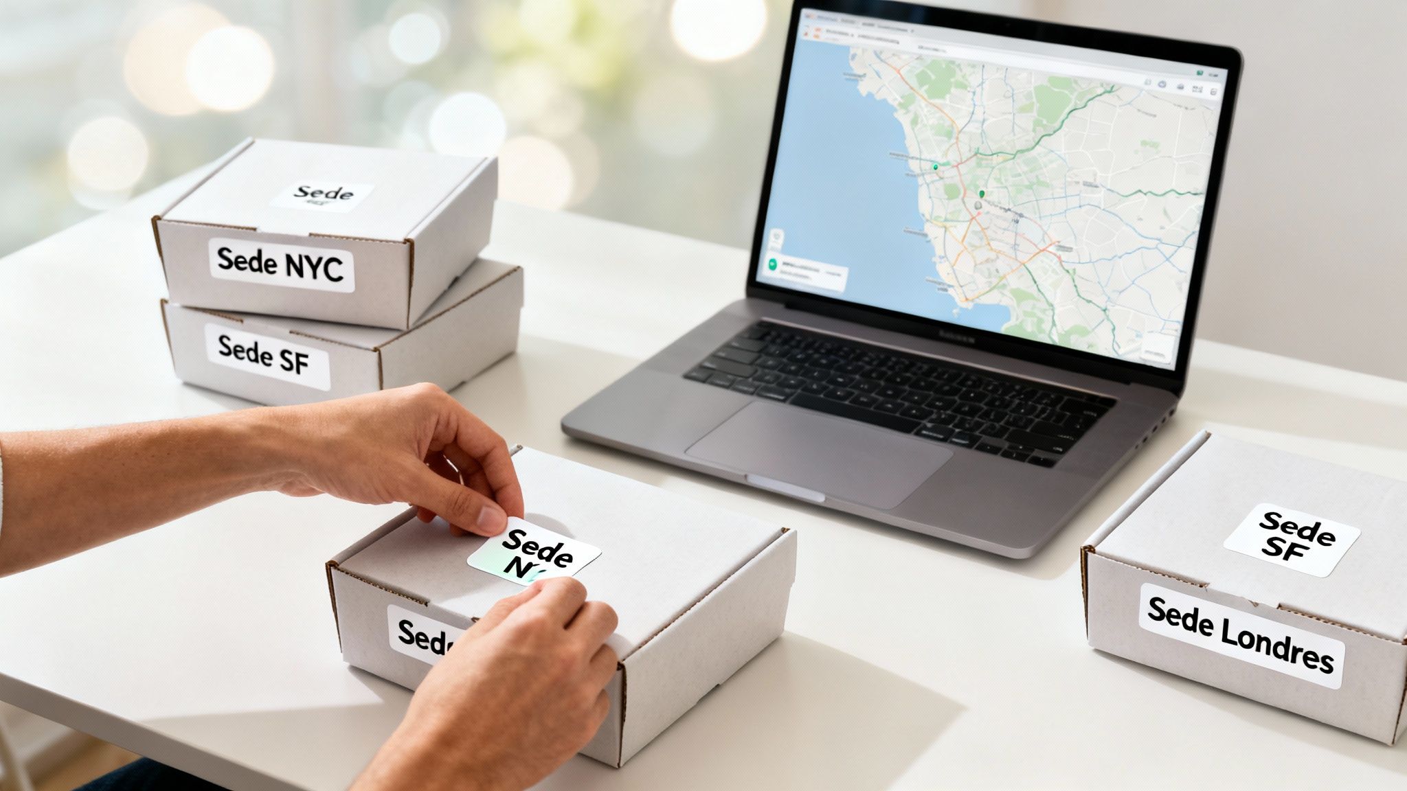 Una de las desventajas del teletrabajo es la dificultad de gestionar proveedores en múltiples sedes, representada por cajas etiquetadas con NYC, SF y Londres junto a un portátil mostrando un mapa.