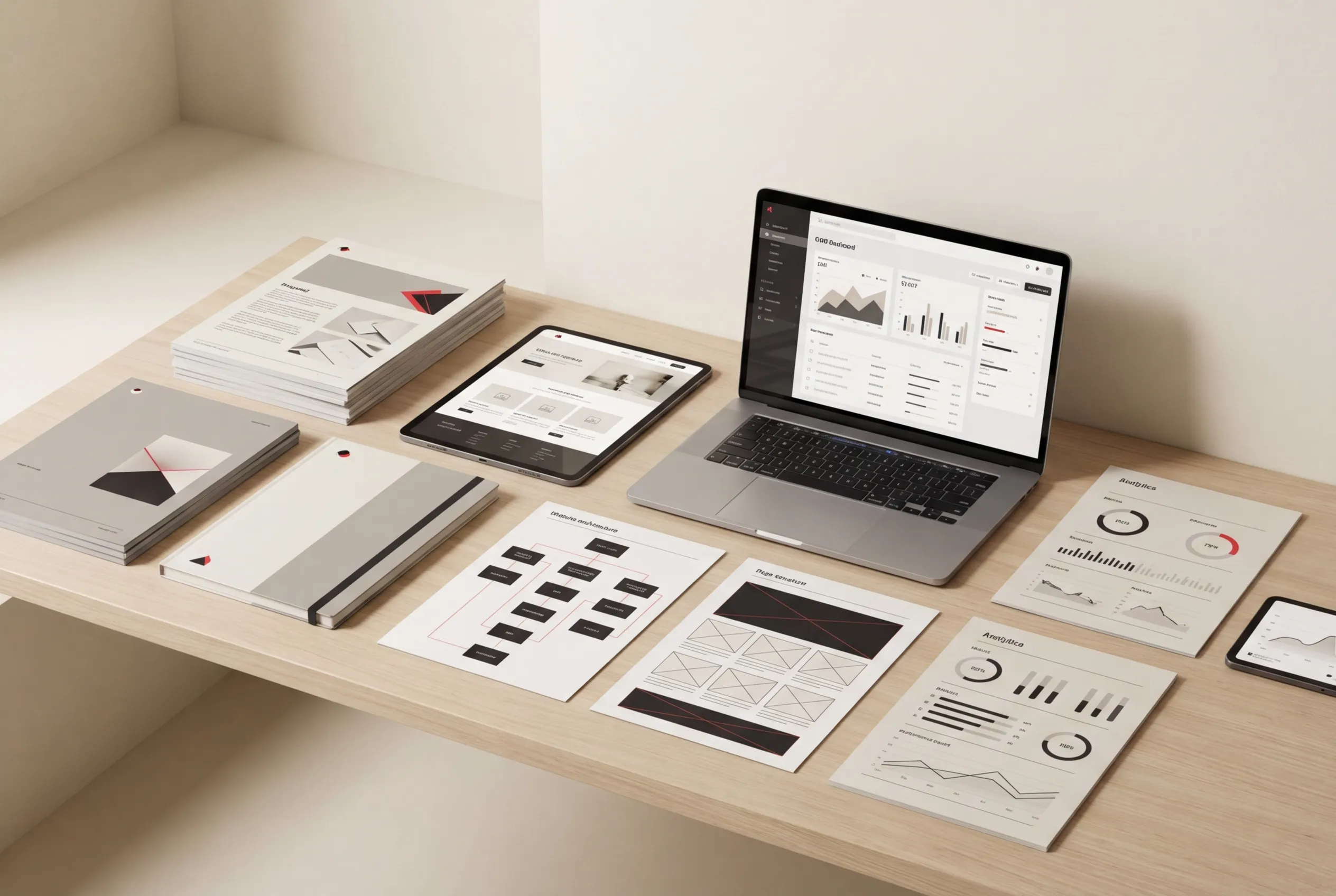 Workstation with digital marketing tools, RockN' Socials; sleek agency vibe.