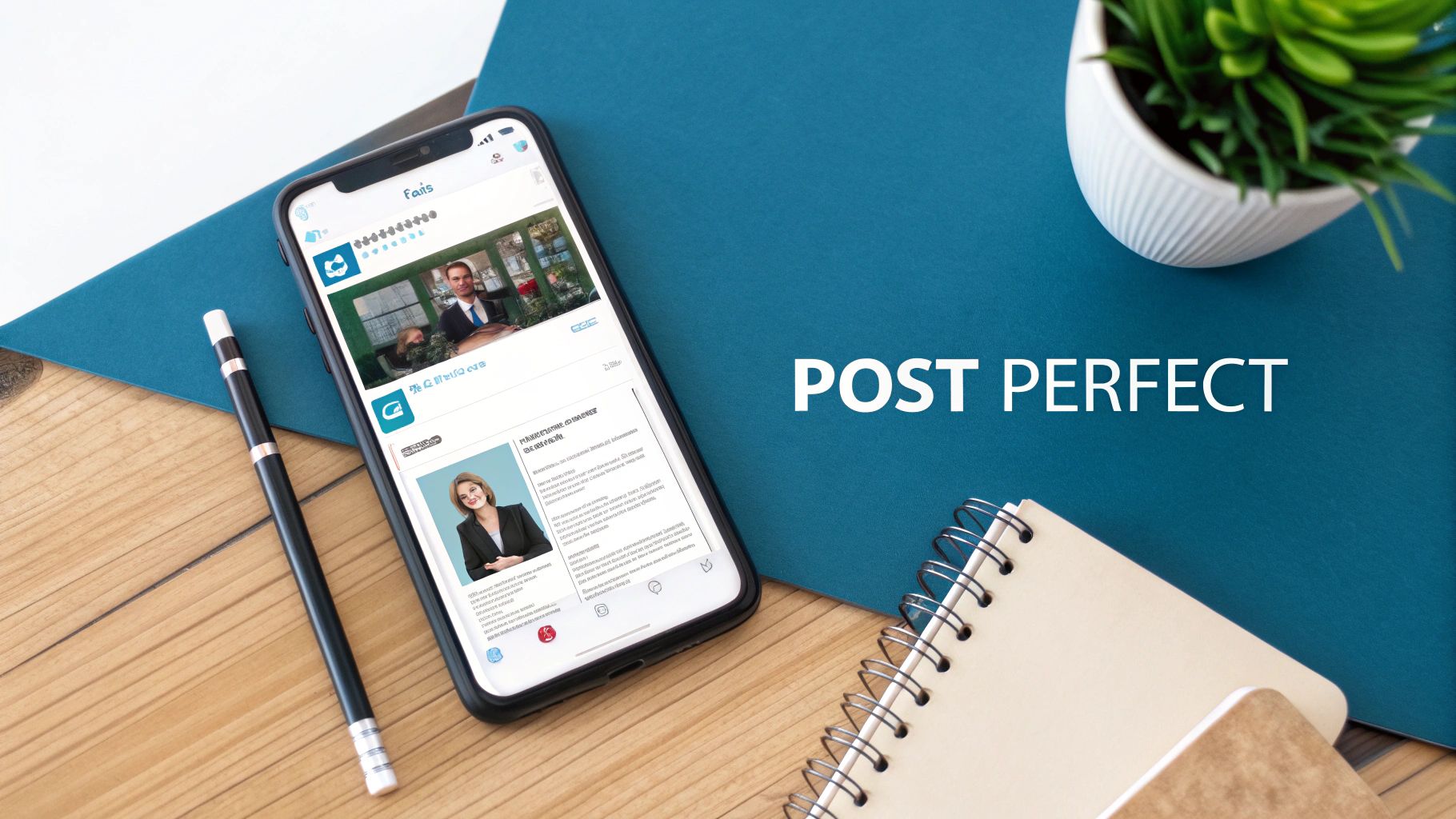 Overhead view of a smartphone displaying social media content, a pen, and office supplies on a wooden desk.